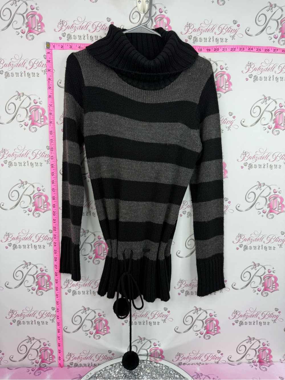 Seduction y2k sweater Pom Pom Striped Cowl Neck Drawstring Sweater Black & Gray